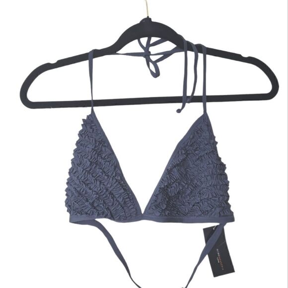 BCBG Women's Dusty Blue Ruffle Halter Bikini Top Size L NWT - Picture 2 of 5